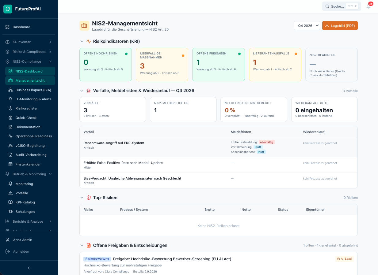 FutureProfAI NIS2-Modul – Managementsicht (Demo-Daten)
